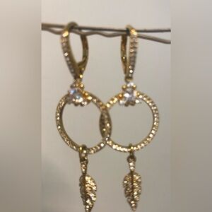 Nadri Elegant Gold/rhinestones Leaf Drop Earrings.